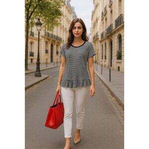 Pebble and Stone XL Black White Striped Ruffle Hem Top Minimalist City Chic